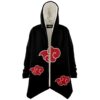 Front view of black open cloak with red cloud print and cream hood lining