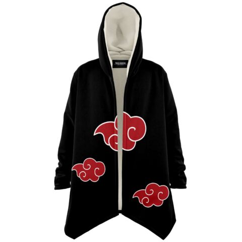 Front view of black open cloak with red cloud print and cream hood lining