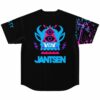 Back view showing three-eyed horned monster graphic and JANTSEN text above paint splatter sleeve