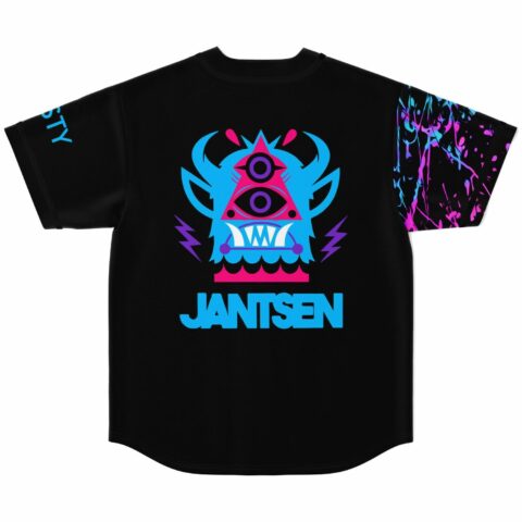 Back view showing three-eyed horned monster graphic and JANTSEN text above paint splatter sleeve