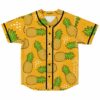 Mustard yellow pineapple print rave baseball jersey with black button placket, front view