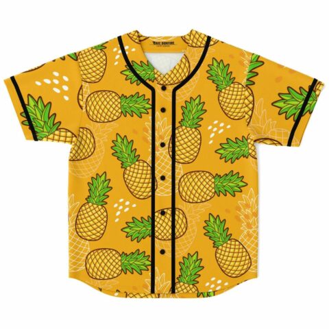 Mustard yellow pineapple print rave baseball jersey with black button placket, front view