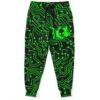Green circuit board print rave joggers with alien head chip graphic, front view