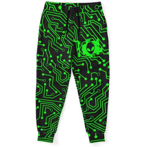 Green circuit board print rave joggers with alien head chip graphic, front view