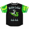 Back view of galaxy print rave baseball jersey with green camo sleeves and cartoon scientist