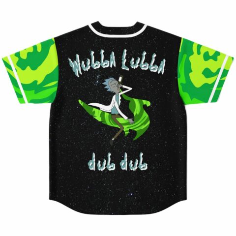 Back view of galaxy print rave baseball jersey with green camo sleeves and cartoon scientist