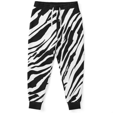 Black and white zebra print rave joggers with drawstring waist, front view