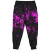 Black rave joggers with purple swirling smoke print, front view