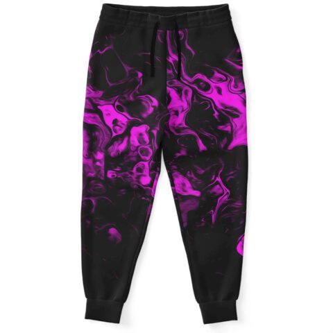 Black rave joggers with purple swirling smoke print, front view