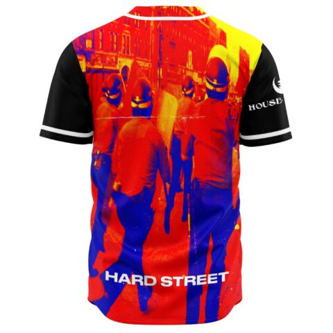 Hard Street riot squad photo print in red blue and yellow on jersey back view