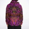 back view of neon swirl doodle print hoodie with symmetrical mask design and drawstring hood