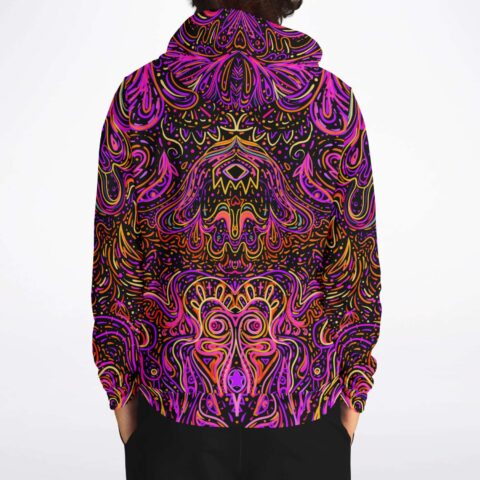 back view of neon swirl doodle print hoodie with symmetrical mask design and drawstring hood