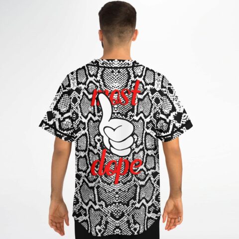 Snake print baseball jersey, back view, with "most dope" text and thumbs up icon