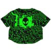 Back view of the circuit board rave cropped baseball jersey with a tech graphic on the circuits