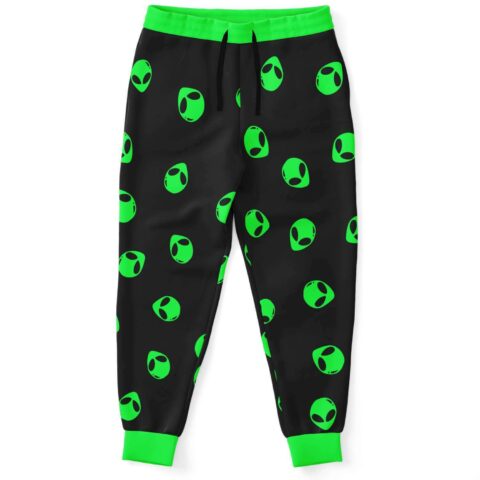 Black scattered green alien head joggers front view with neon green cuffs and waistband