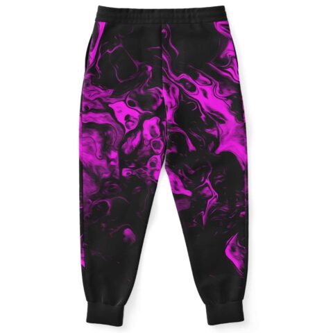 Purple swirling smoke print rave joggers, back view showing full pattern
