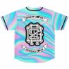 Back view of iridescent liquid print jersey with Show Love Spread Love banner graphic