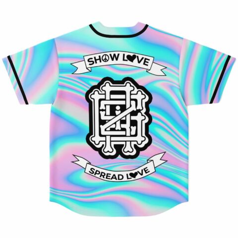 Back view of iridescent liquid print jersey with Show Love Spread Love banner graphic