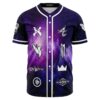 Front view of the purple galaxy rave baseball jersey with cosmic design