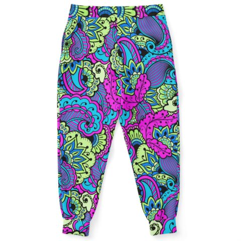Magenta paisley floral rave joggers flat lay back view showing full pattern