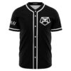 Front view of black pentagon shield rave baseball jersey with white skull crest and button
