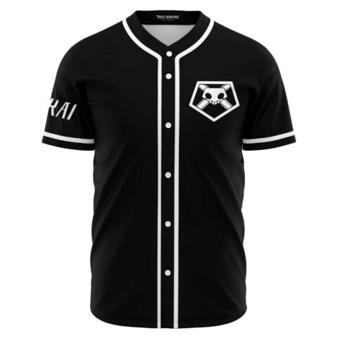 Front view of black pentagon shield rave baseball jersey with white skull crest and button