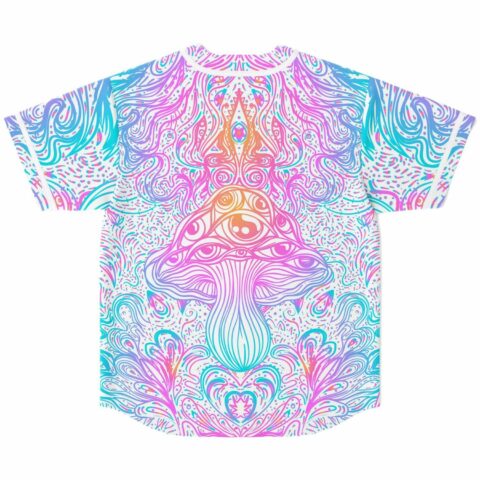 Back view of trippy mushroom print jersey showing swirling eyes design in pastel gradient colors