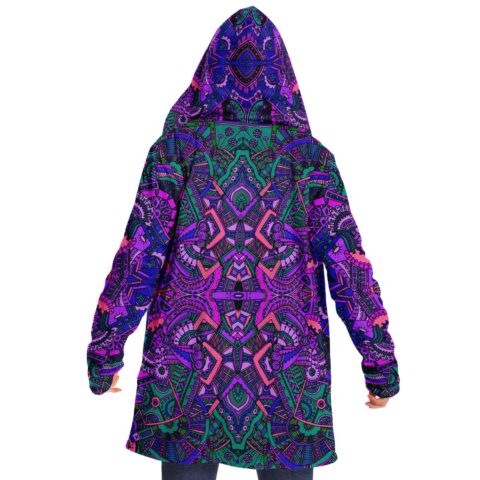 Back view of hooded rave cloak in purple and teal mandala kaleidoscope print