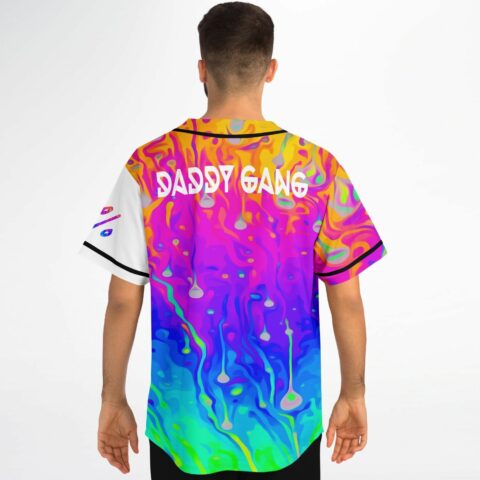 Back view of white baseball jersey with psychedelic melting oil swirl print and Daddy Gang