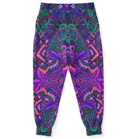 Purple intricate mandala rave joggers back view showing full kaleidoscope print