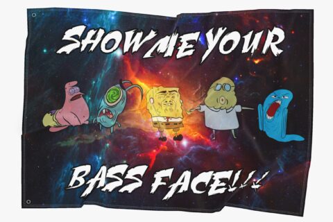 front view of cartoon-inspired rave flag reading show me your bass face on a dark