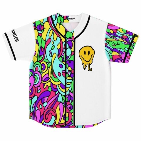 Trippy rainbow swirl jersey front with dripping smiley face patch and white paneling