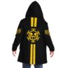 back view of black open-front cloak with grinning skull crest and double yellow stripes