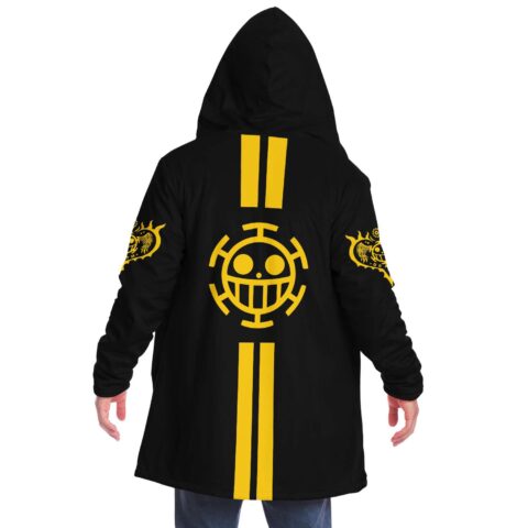 back view of black open-front cloak with grinning skull crest and double yellow stripes
