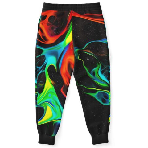 Black neon fluid rave joggers back view showing swirl print across both legs