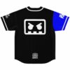 Angry cassette tape graphic on back of black and blue split jersey