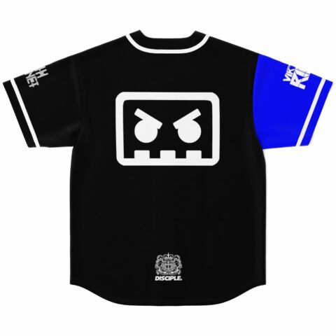 Angry cassette tape graphic on back of black and blue split jersey