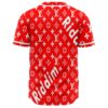 Back view of red monogram-print jersey with bold diagonal Riddim lettering