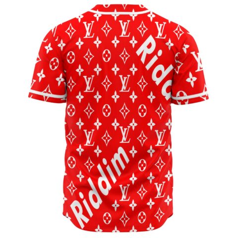 Back view of red monogram-print jersey with bold diagonal Riddim lettering