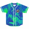 Blue and green anime-inspired baseball jersey with warrior silhouette and Go symbol patch, front view