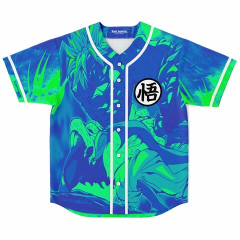 Blue and green anime-inspired baseball jersey with warrior silhouette and Go symbol patch, front view