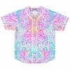 White rave baseball jersey with psychedelic mushroom eye print in pink and teal, front view