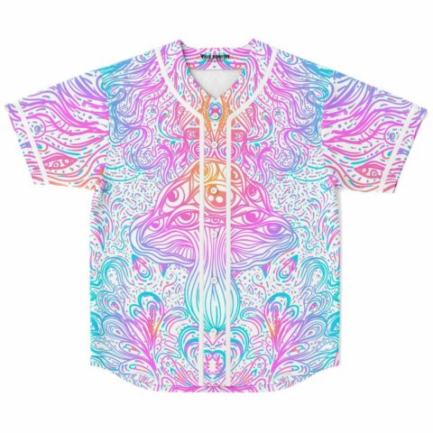 White rave baseball jersey with psychedelic mushroom eye print in pink and teal, front view