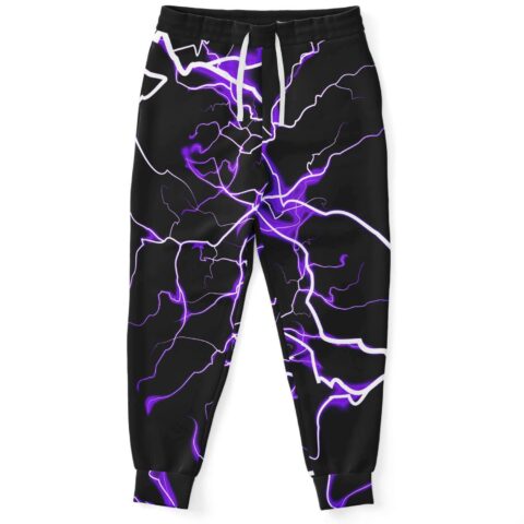 Black rave joggers with purple electric lightning bolt print, front view