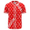 Red rave baseball jersey with white monogram print and diagonal Riddim text front view