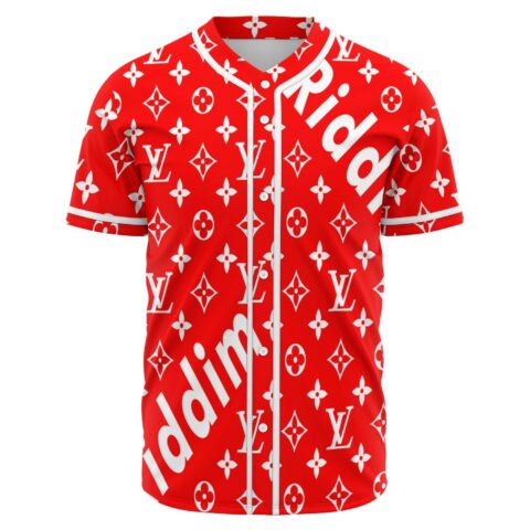Red rave baseball jersey with white monogram print and diagonal Riddim text front view