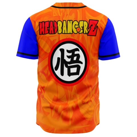 Back view of orange anime-inspired baseball jersey with Headbangerz Z text and kanji circle patch