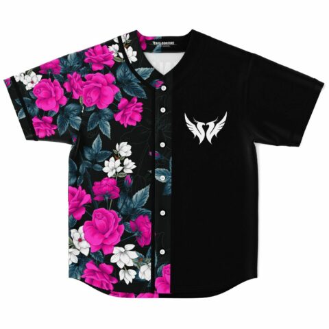 pink rose split print rave baseball jersey with white wing logo flat front view