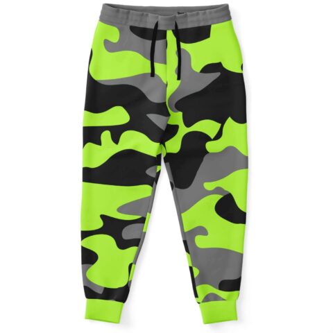 Neon lime camouflage rave joggers on model with grey drawstring waistband front view