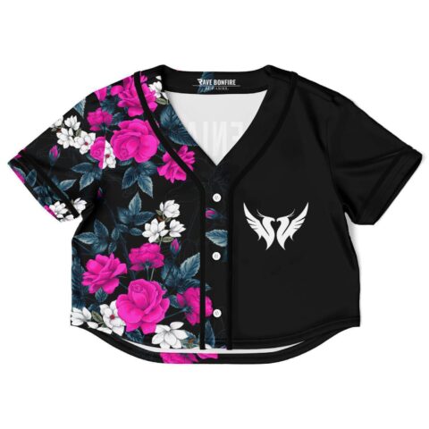 Black crop top with vibrant pink floral design and logo